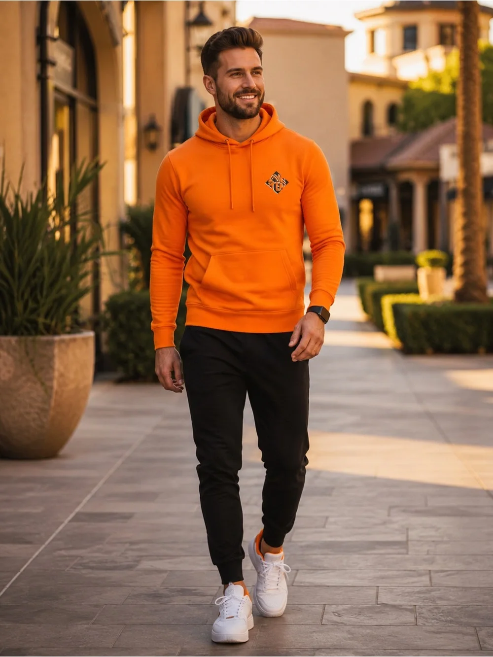 adidas Orange Pullover Hoodie with Geometric Chest Patch
